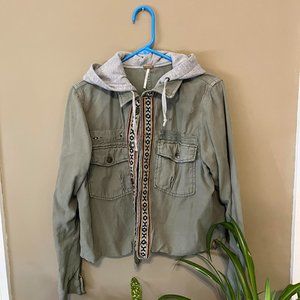 Free People Green Army Jacket with Hood and Embroidered Details
